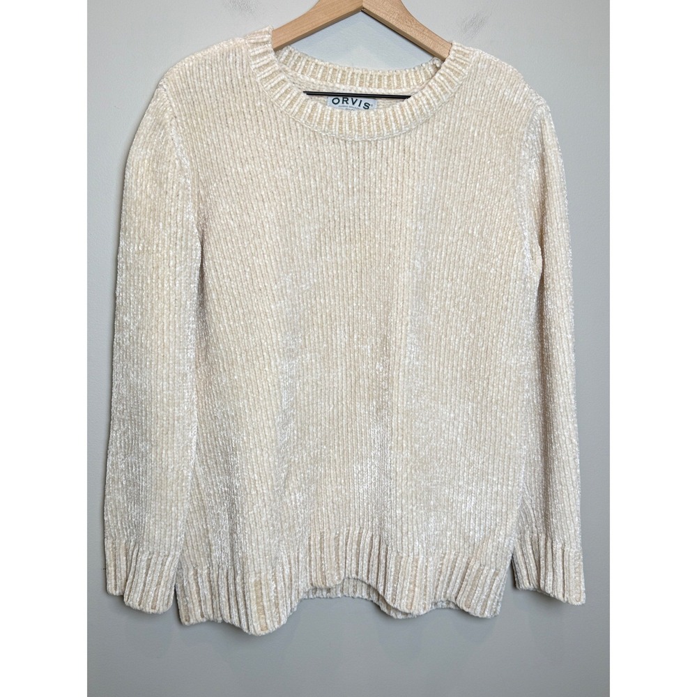 Orvis Chenille Ribbed Knit Cream White Sweater Womens L Cozy Neutral Soft Girl